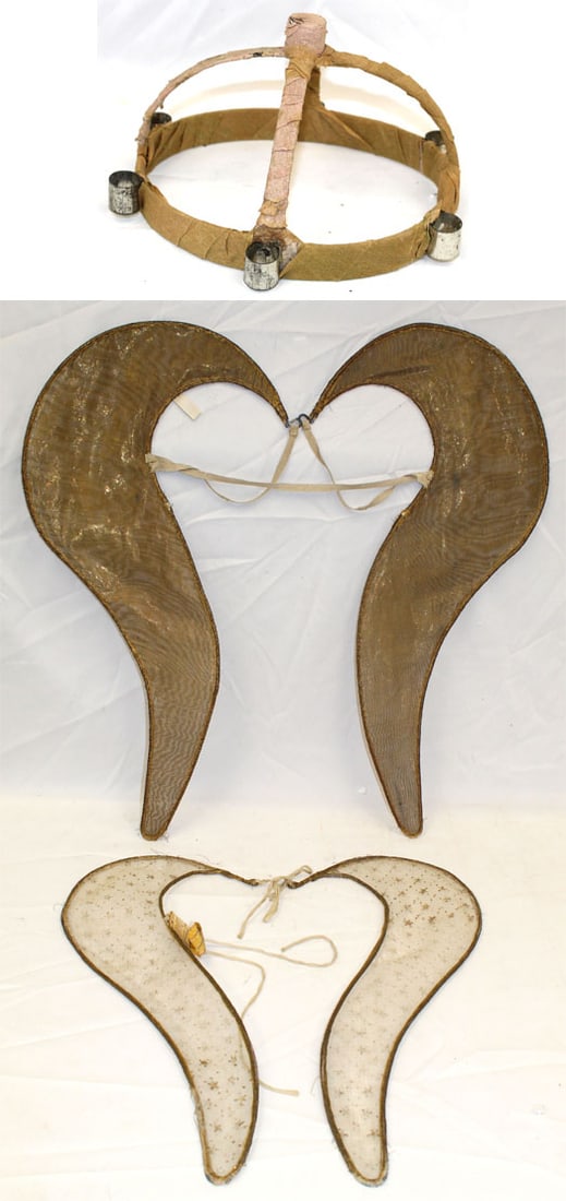 Antique St. Lucia crown together w 2 pairs of St. Lucia wings - ex Nina Hartmann collection - 8": Antique St. Lucia crown together w 2 pairs of St. Lucia wings - ex Nina Hartmann collection - 8" diam crown - 19" & 25" tall wings