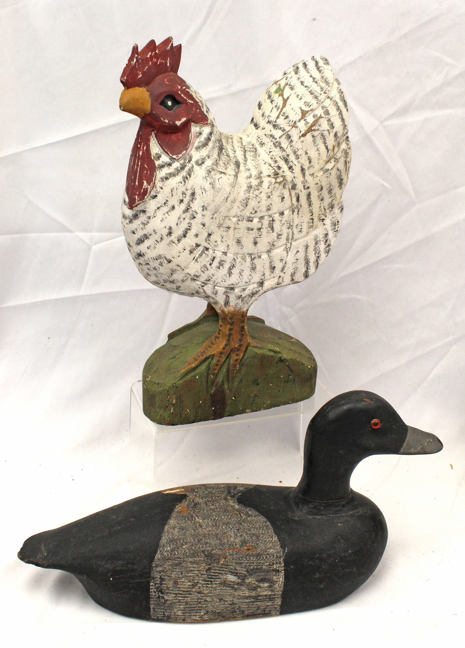 Carved wooden antique decoy together w a carved wooden painted rooster - 14" long & 13" tall: Carved wooden antique decoy together w a carved wooden painted rooster - 14" long & 13" tall