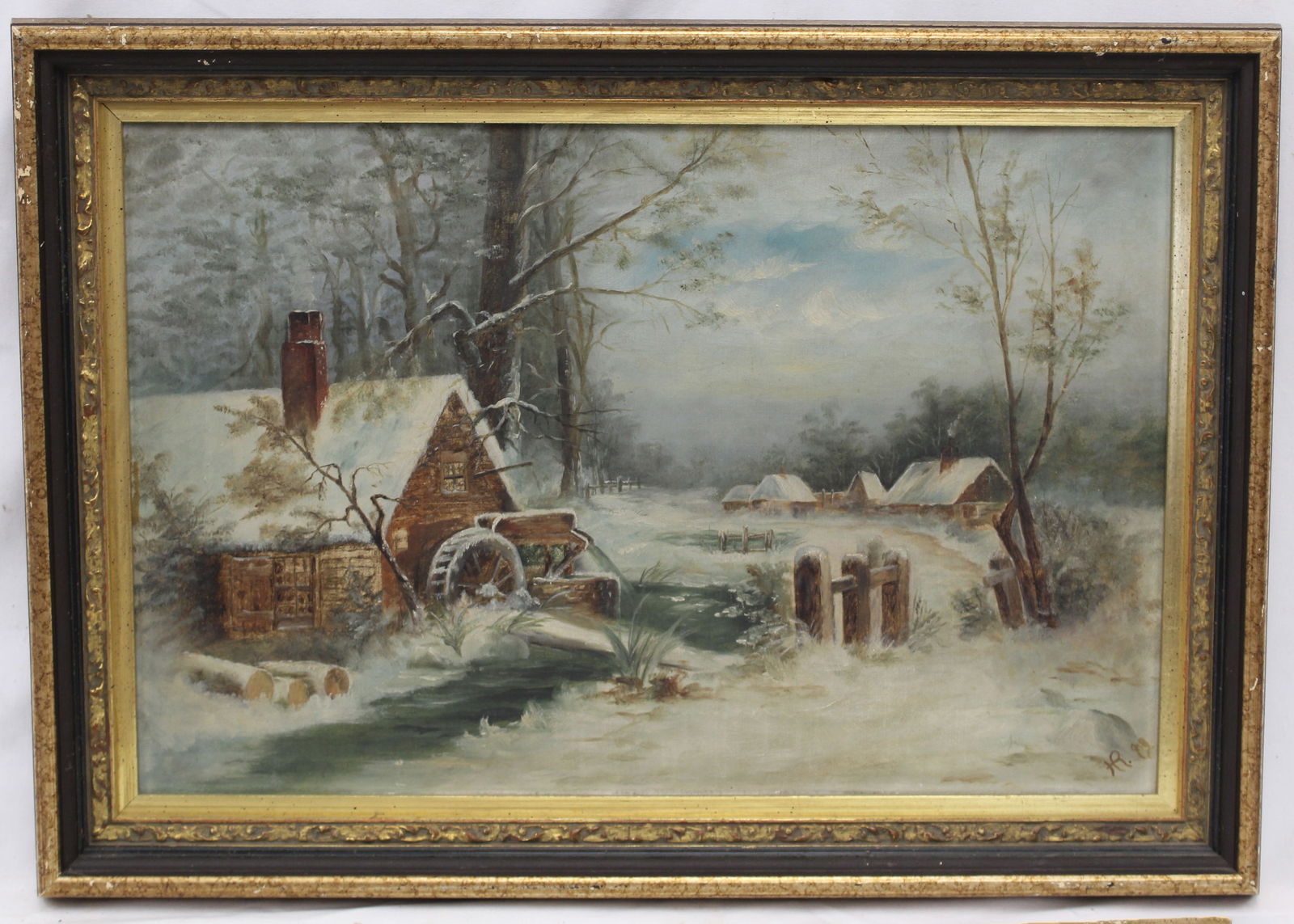 Antique o/c winter scene w mill - initialed & dated '99 - overall framed size 15"x20 3/4" (1 of 7)
