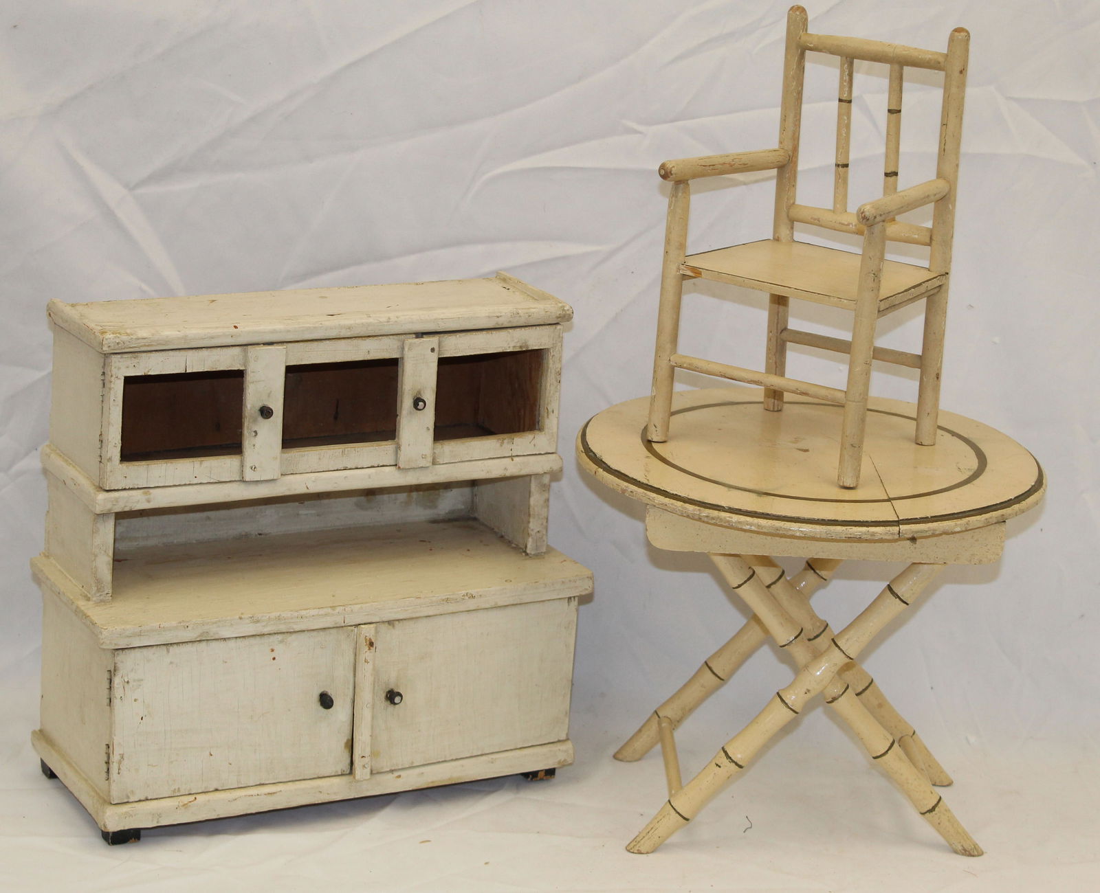 Lot of child size furniture incl faux bamboo table & chair plus a hutch cupboard - all in white (1 of 4)
