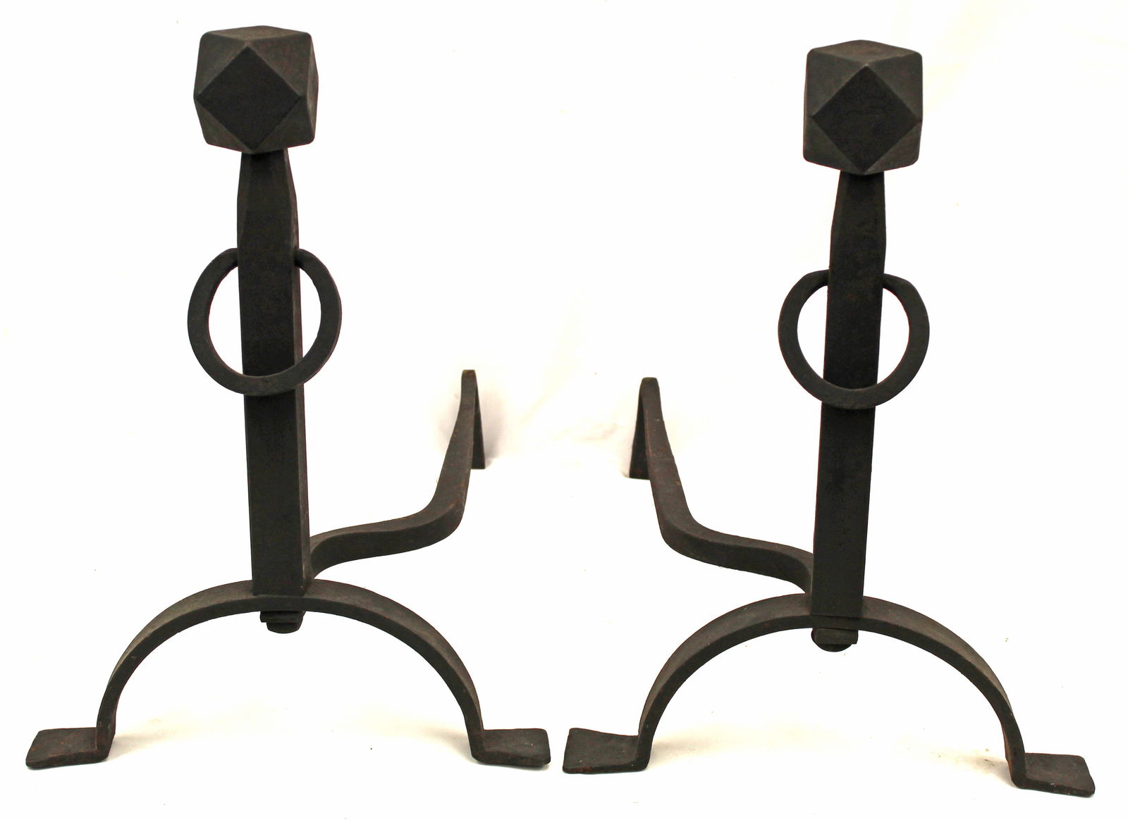 Pair of antique cast iron andirons w diamond shaped finials & rings on front - 18" tall x 16" deep (1 of 5)