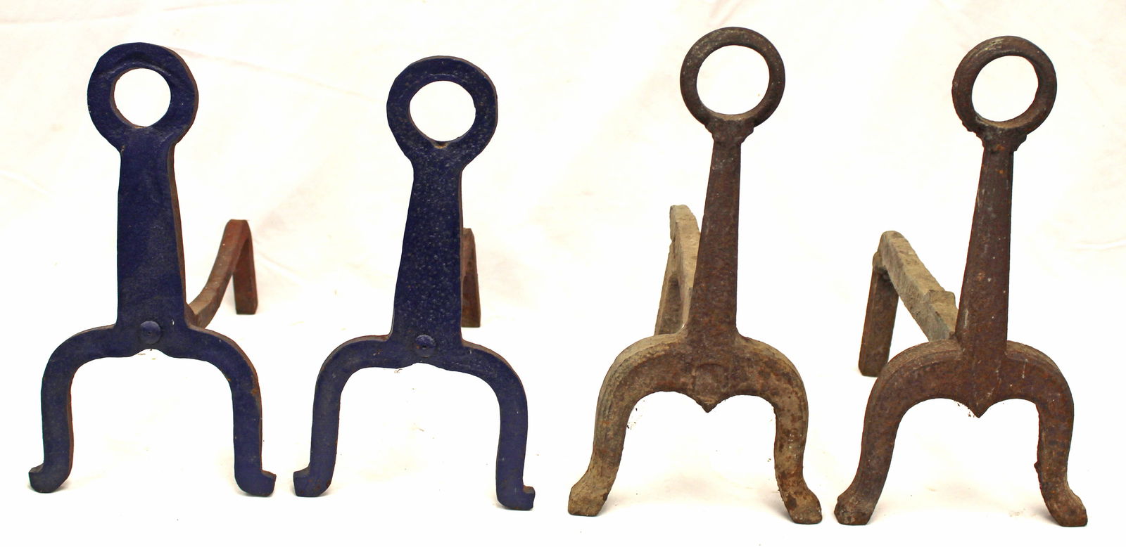Lot of 2 pairs of ring top cast iron andirons - 1 in blue paint - 13" & 15" tall (1 of 7)