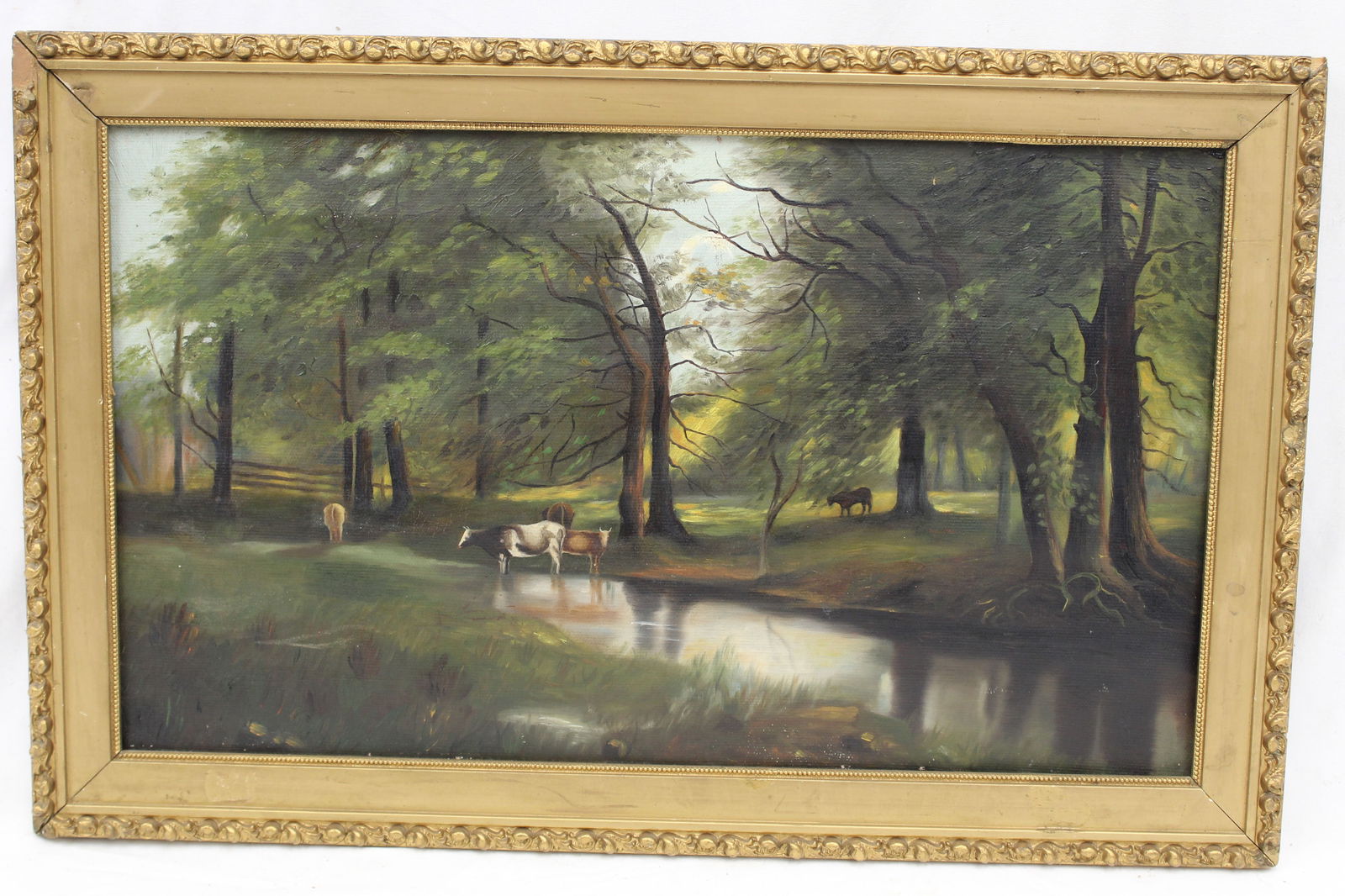 Antique o/c pastoral scene w cows watering in a brook - sgnd illegibly and dated 1893 on verso - (1 of 8)