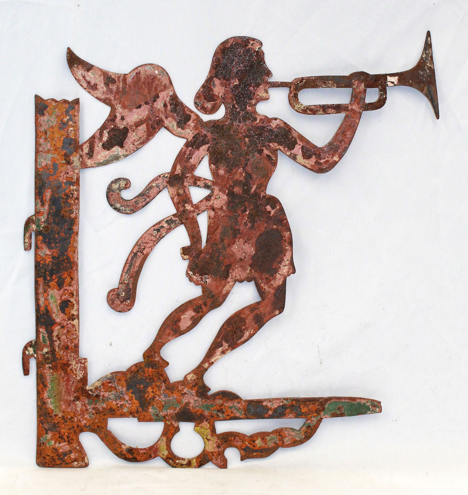 Sheet iron Gabriel blowing horn weathervane in red paint - 15"x13" (1 of 9)