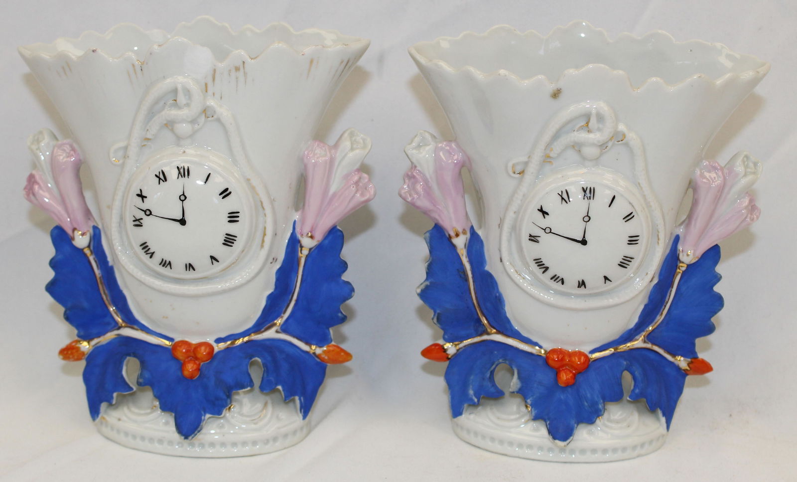 Pair of Staffordshire mantle vases w painted clock faces - 6" tall (1 of 7)