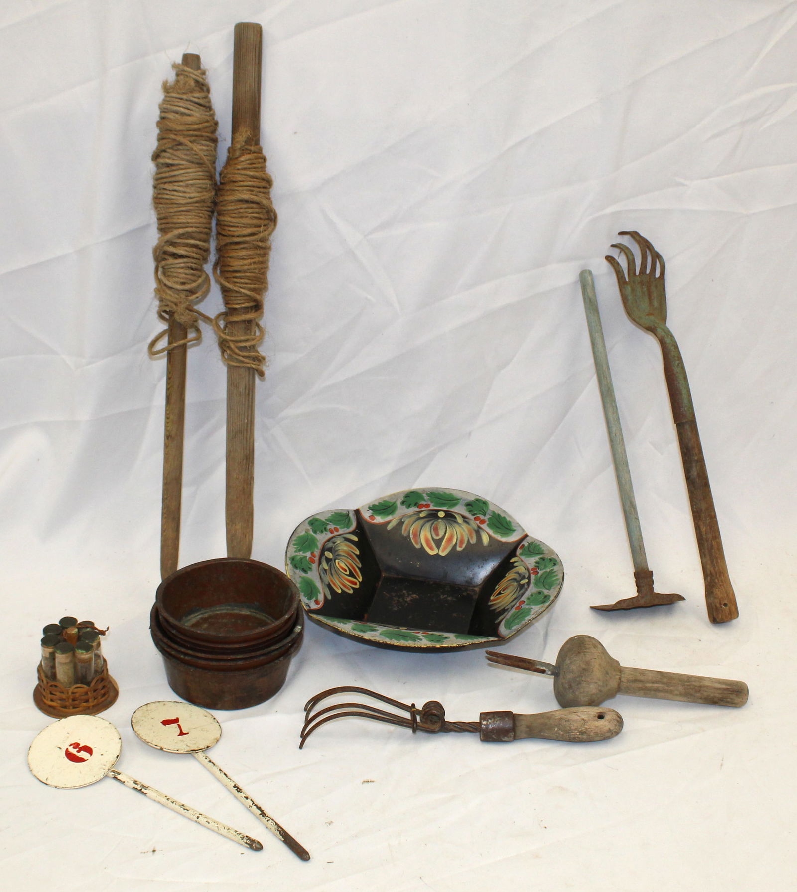 Lot of misc garden items incl wooden stakes & tools, pots, markers, etc plus toleware bowl (1 of 7)