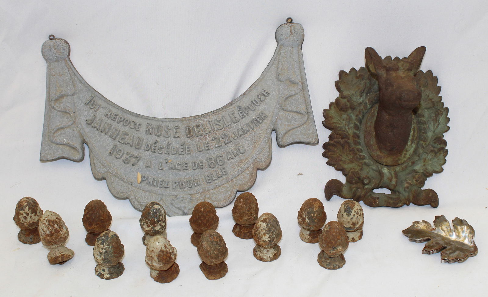 Misc iron lot incl French grave marker, cow head hook, 13 acorns & 9 metal leaves (1 of 5)