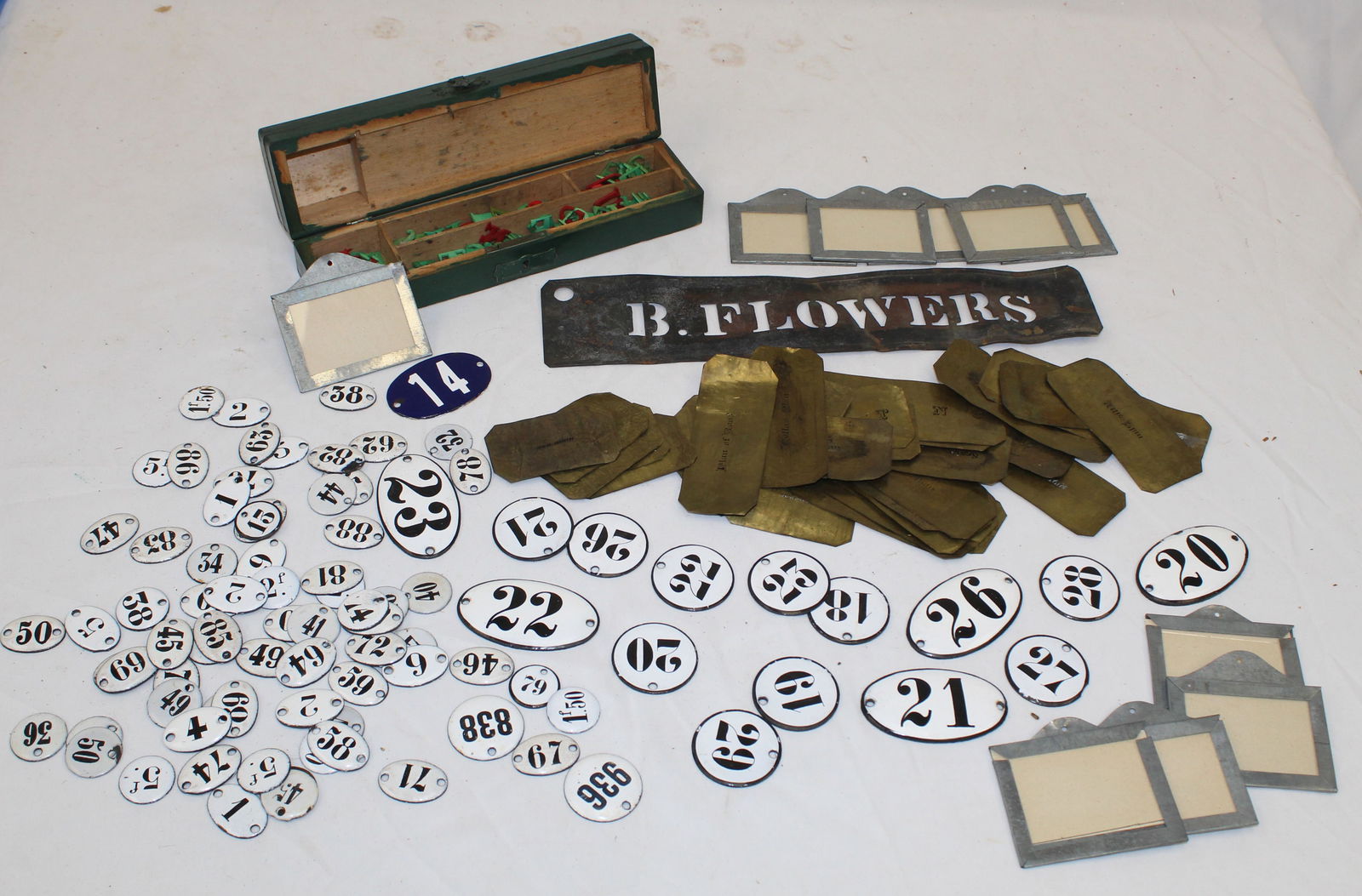 Misc lot of items incl French enamel number plaques, brass stencils, French zinc & glass labels, etc (1 of 5)