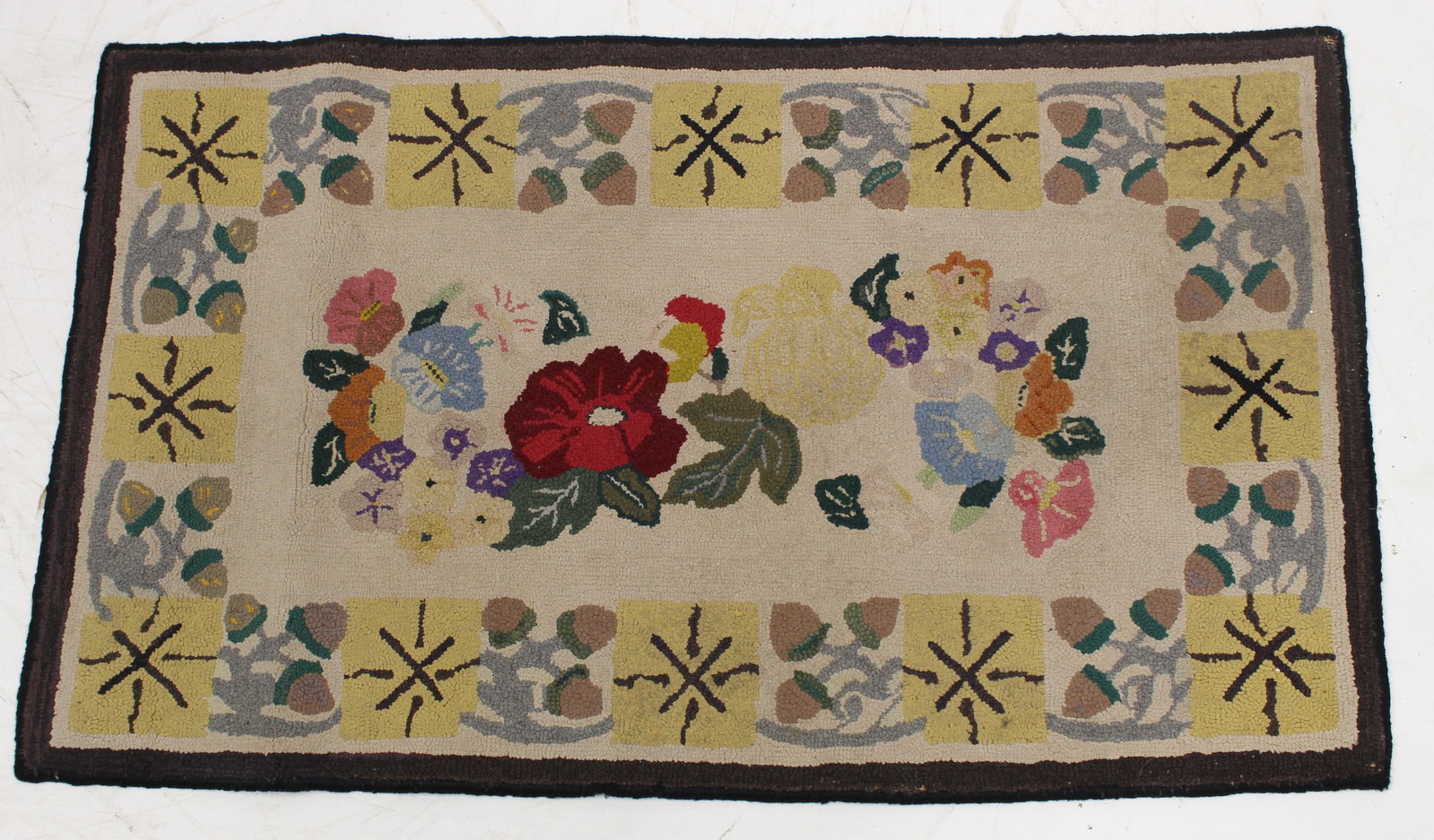 Antique hooked rug w floral motif - 23"x38": Antique hooked rug w floral motif - 23"x38"