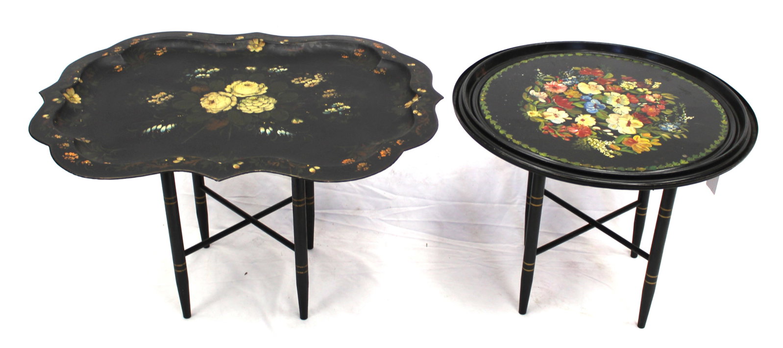 Lot of 2 tole trays on stands - 23 1/2" diam x 18" tall & 23"x32"x18" tall: Lot of 2 tole trays on stands - 23 1/2" diam x 18" tall & 23"x32"x18" tall