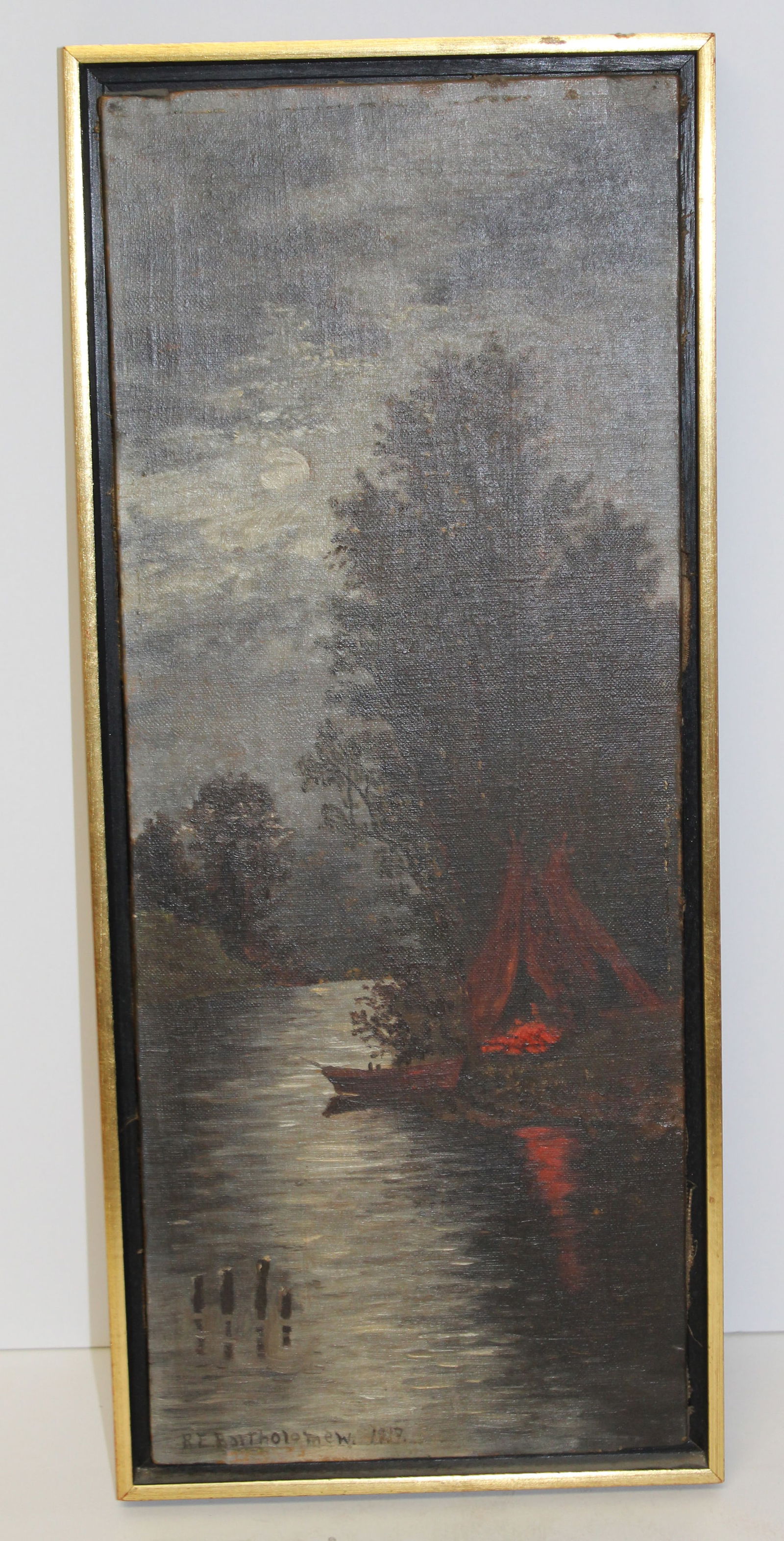 Signed RE Bartholomew dated 1938 o/c Indian Encampment scene - 21"x9" (1 of 5)