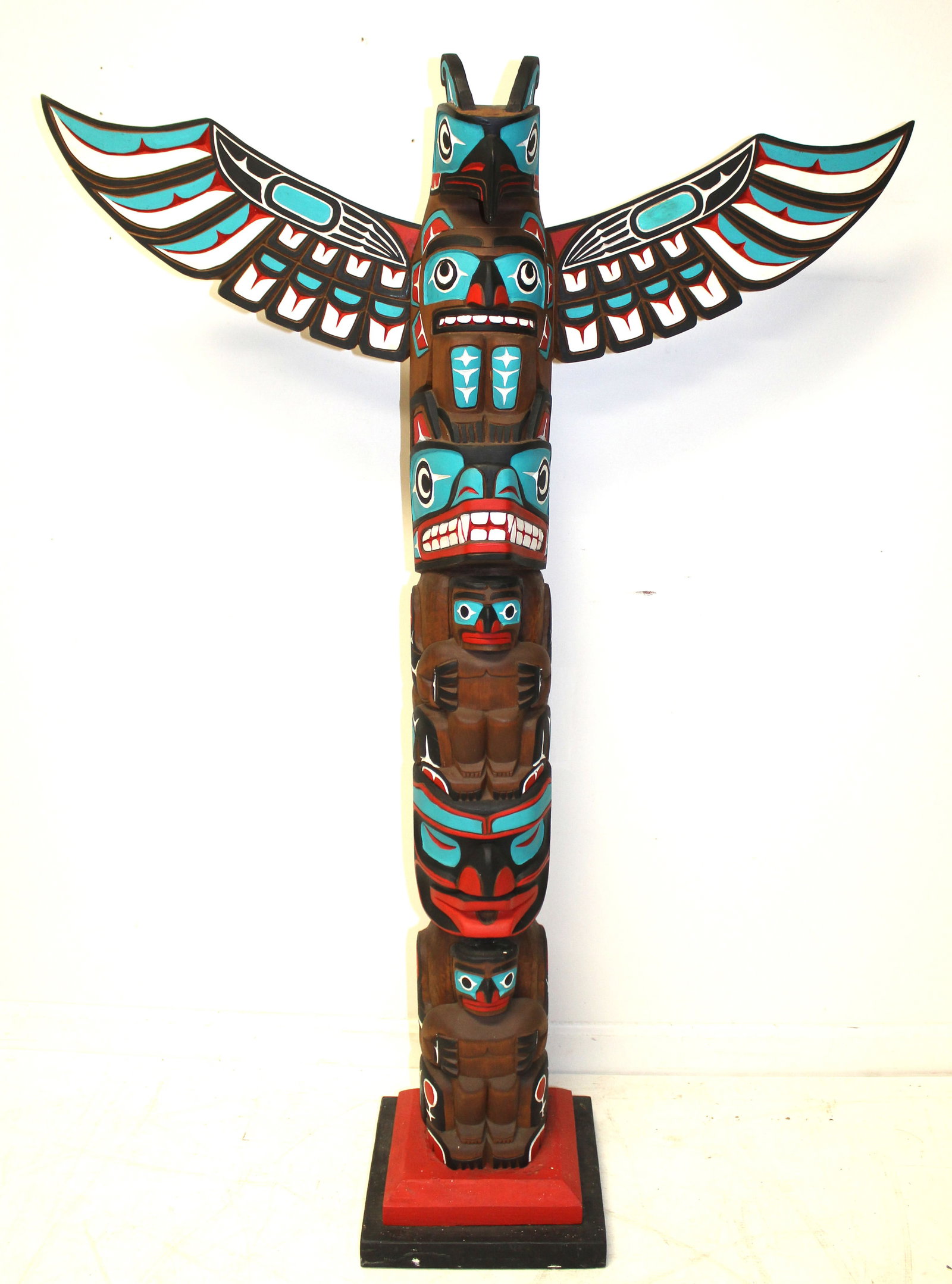 Contemporary carved wooden painted totem sgnd Gary Rice - 51 1/2" tall x36" wing span: Contemporary carved wooden painted totem sgnd Gary Rice - 51 1/2" tall x36" wing span