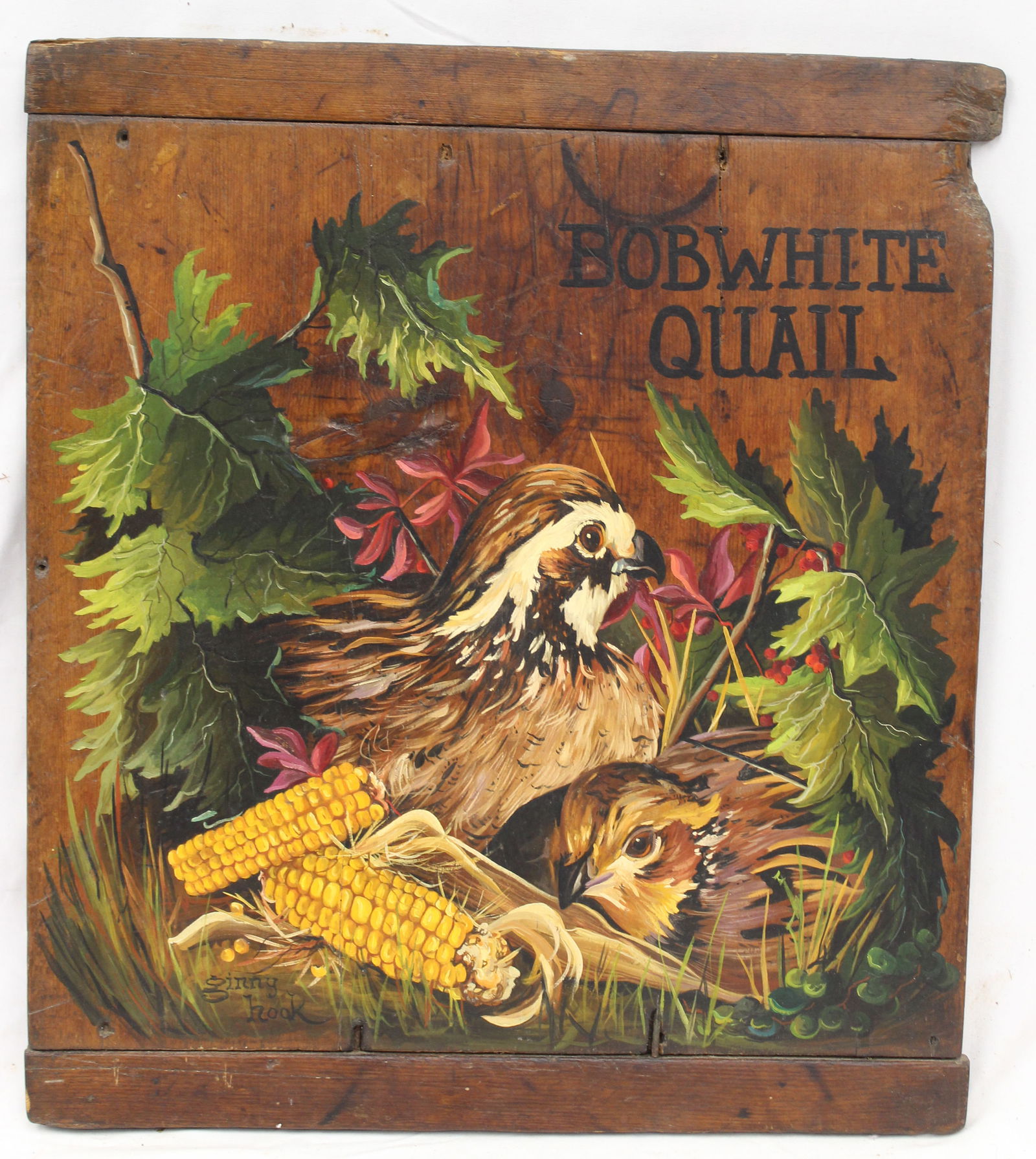 Carved breadboard ended wooden panel w "Bob White Quail" painted motif - 22"x19" (1 of 6)