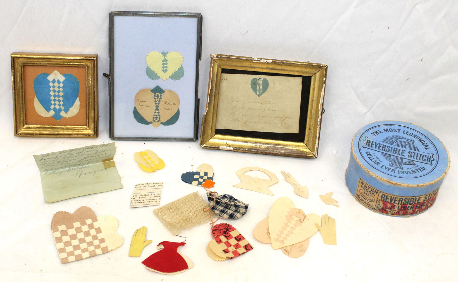Vintage/antique framed woven hearts & collar box w various weavings/paper cuttings (1 of 8)