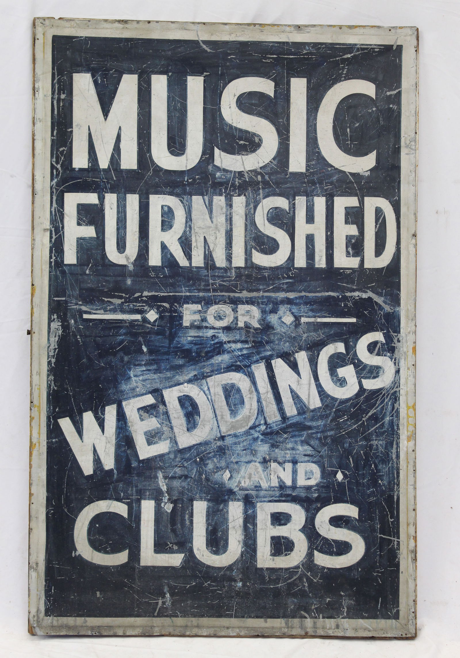 Large tin trade sign "Music Furnished for Clubs & Weddings" - 48 1/2" x 30 1/2" (1 of 5)