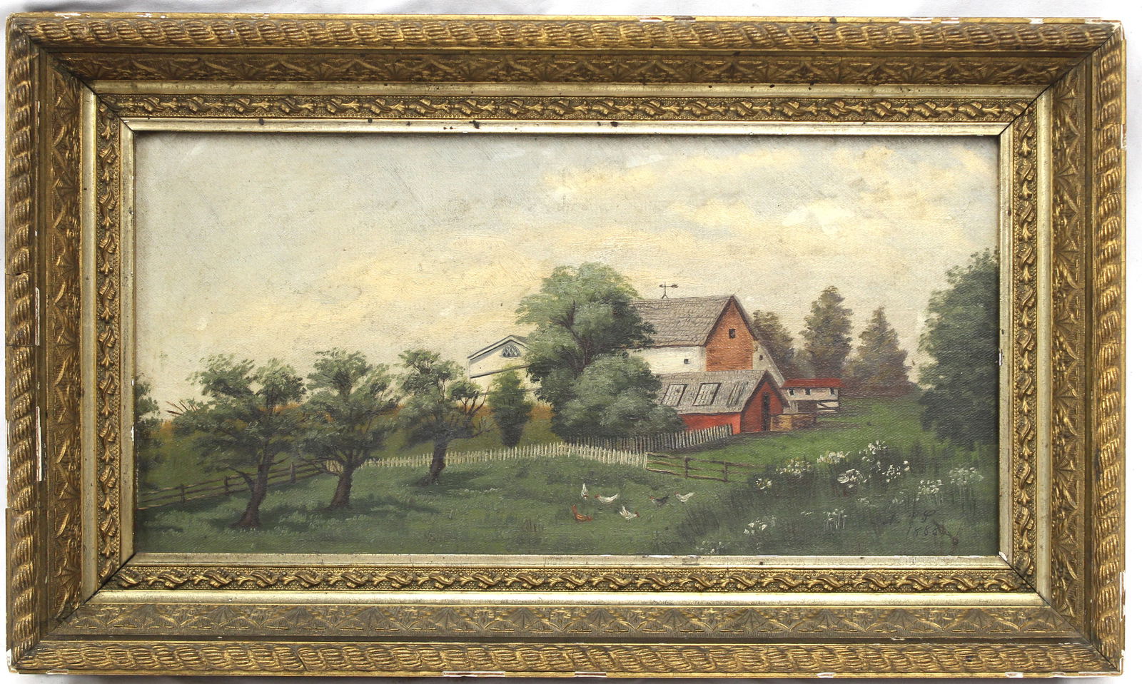 Antique o/bd homestead scene w chickens & barn - overall framed size - overall framed size 11 (1 of 5)
