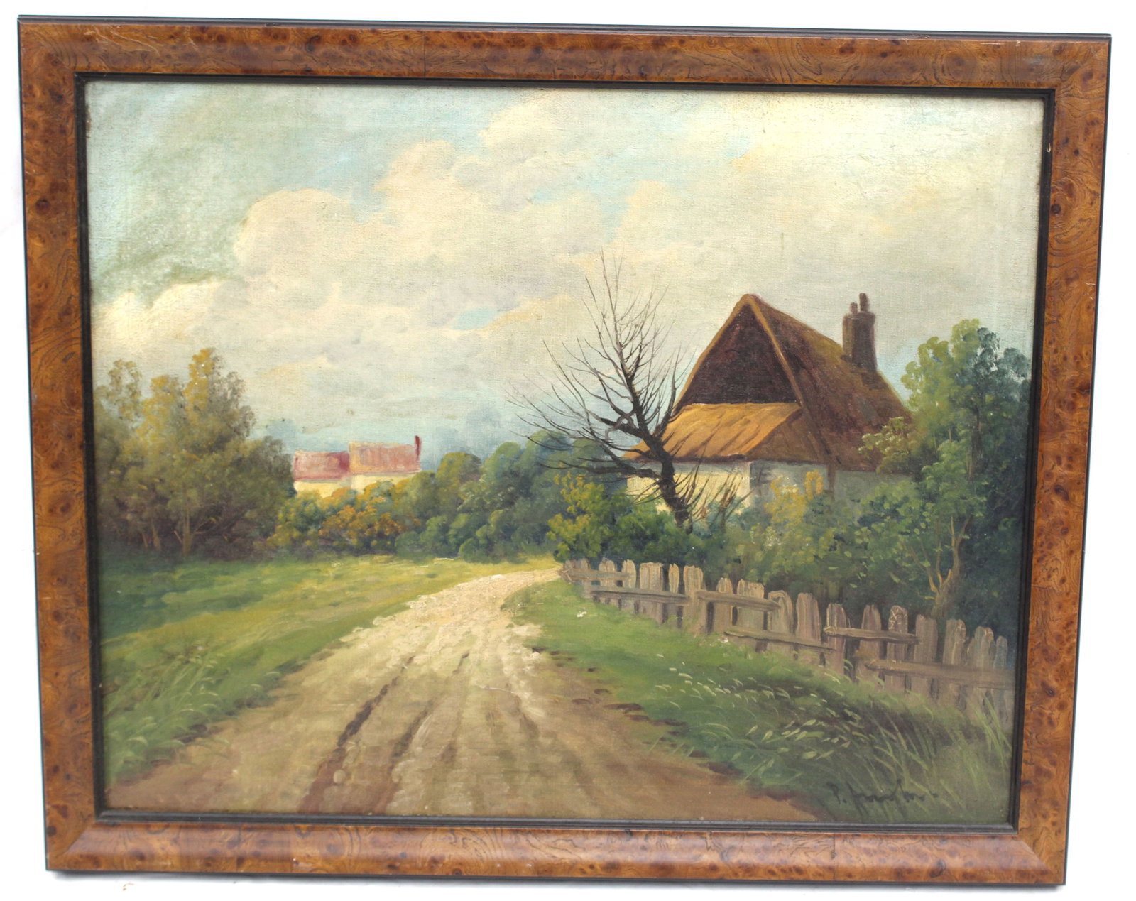 Antique o/c of a dirt road leading to a country home - signed illegibly - overall framed size: Antique o/c of a dirt road leading to a country home - signed illegibly - overall framed size 18"x22"