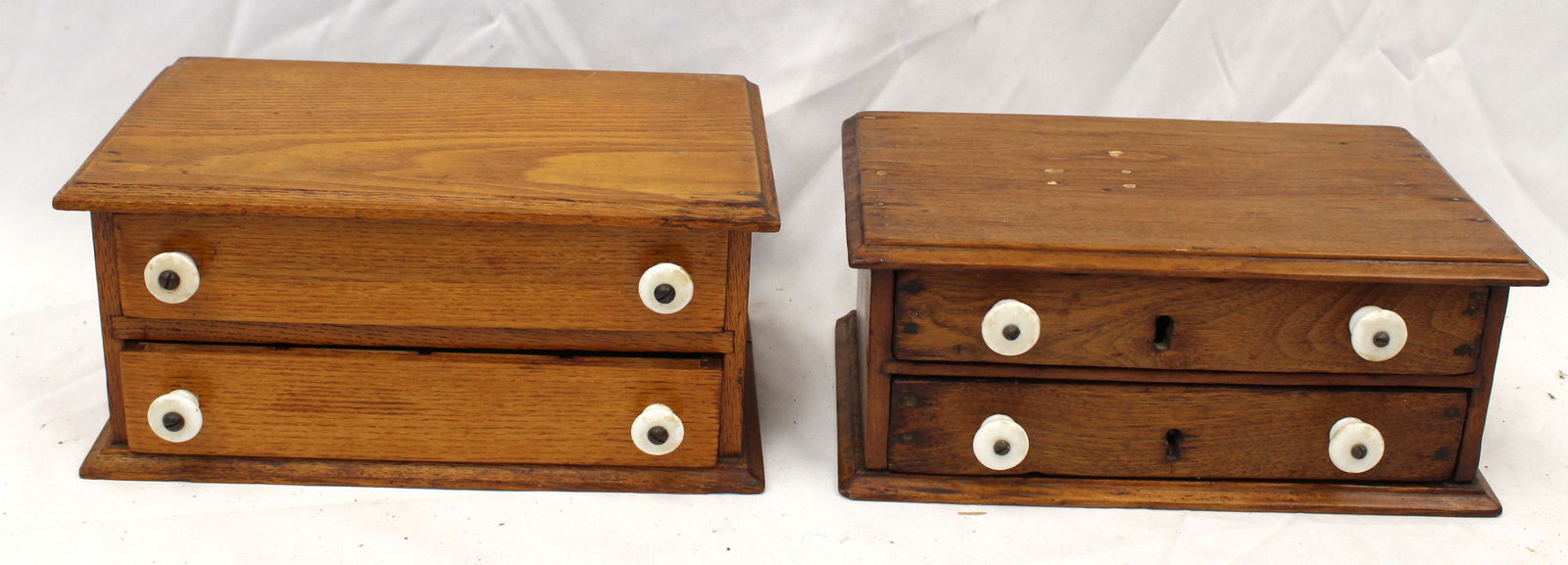 Lot of 2 antique 2 drawer dresser boxes w divided interiors - 4 1/2" tall x10"x6" & 4" tall x 10"x6" (1 of 5)