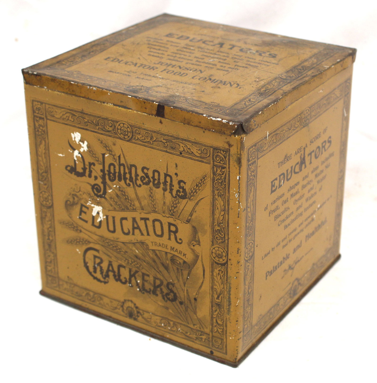 Antique Dr. Johnson's Educator Crackers biscuit tin - 6"x 5 1/2" x 6": Antique Dr. Johnson's Educator Crackers biscuit tin - 6"x 5 1/2" x 6"