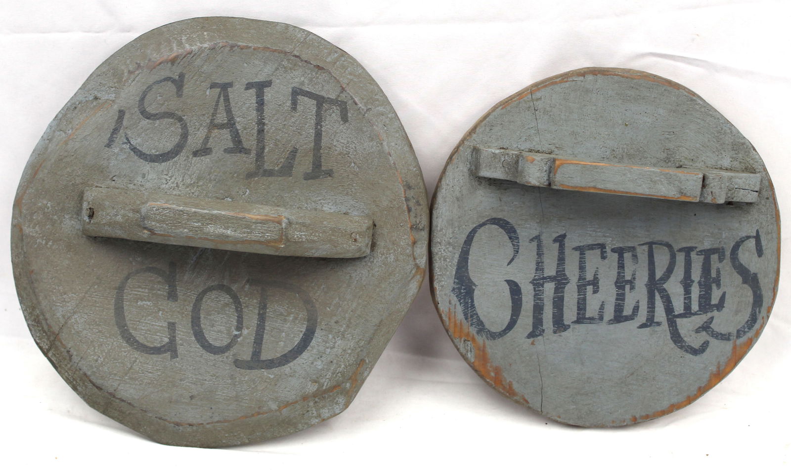 Lot of 2 wooden painted crock lids "Salt Cod" & "Cheeries" - 12" & 10" diam (1 of 4)
