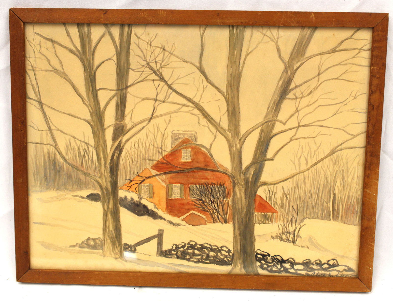 Alice M Snow w/c of a red house in winter scene - overall framed size 9 1/2"x11 1/2" (1 of 3)