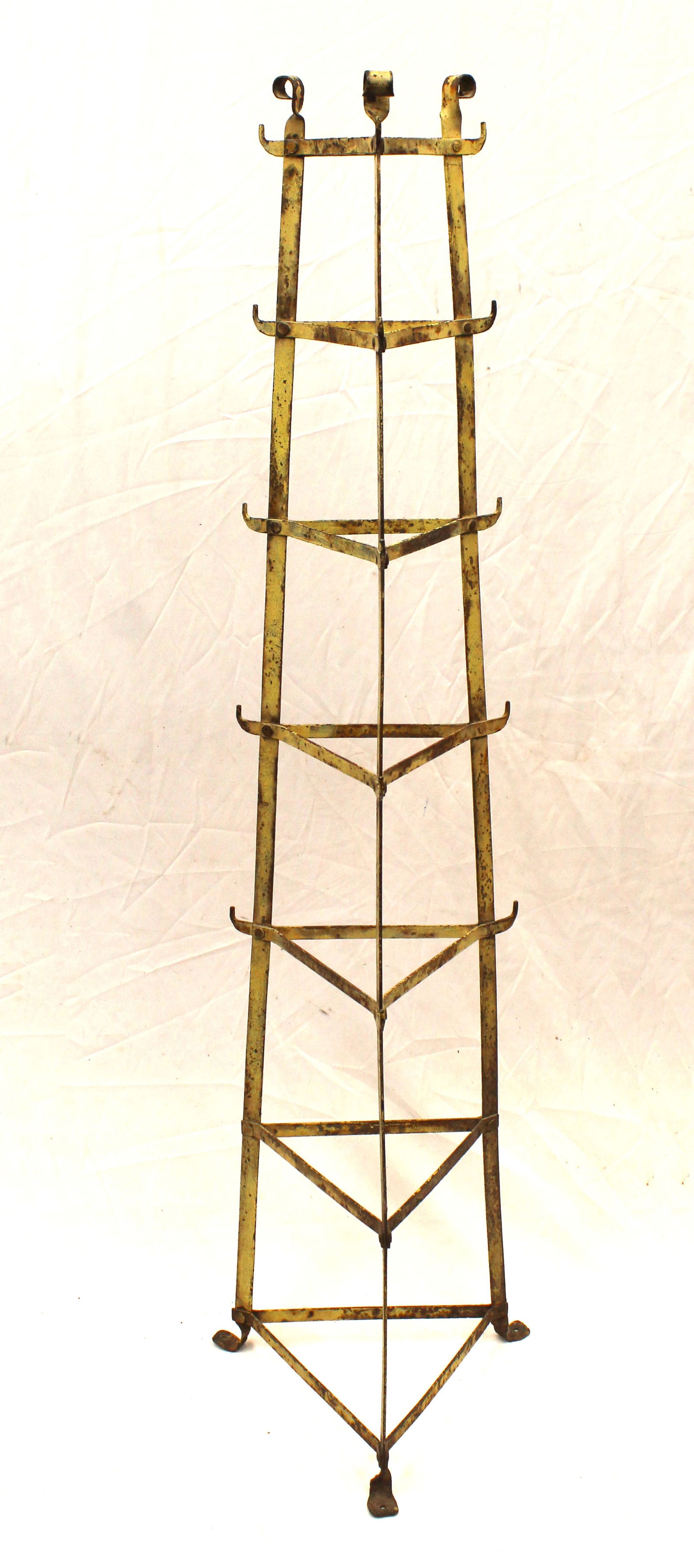 Antique iron pot rack stand in yellow paint - 61" tall x 11" at widest (1 of 4)