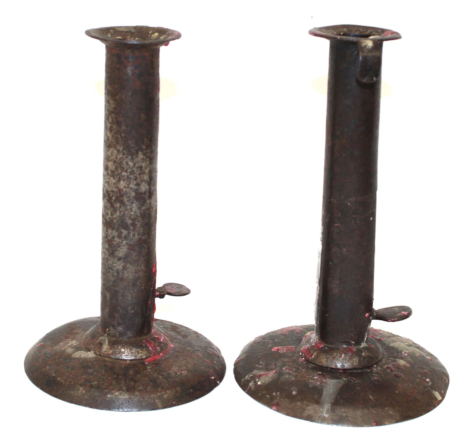 Pr of antique tin hogscraper push-up candlesticks - 6 1/2" & 7" tall (1 of 3)
