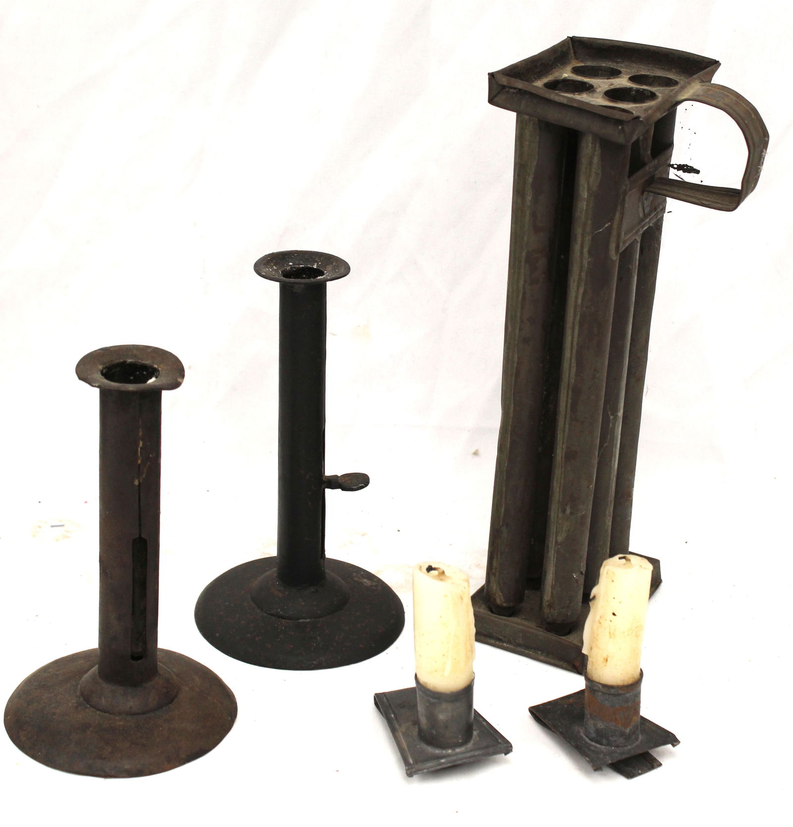 Tin lighting lot incl 6 hole candle mold, candle holder clips & 2 push up candlesticks - 1 1/2", 6", (1 of 4)