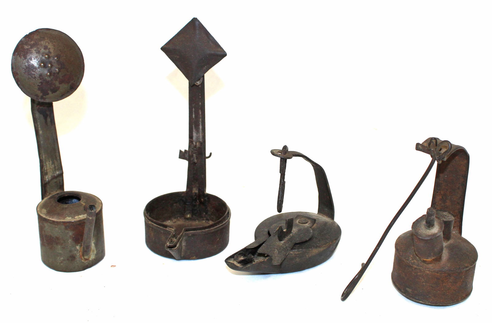 Lot of 4 antique iron betty lamps - 3 1/2"- 7 1/2" tall (1 of 5)