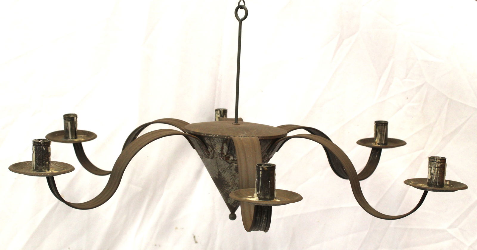 Antique style tin 6 arm candle lamp chandelier - 28" diam (1 of 3)