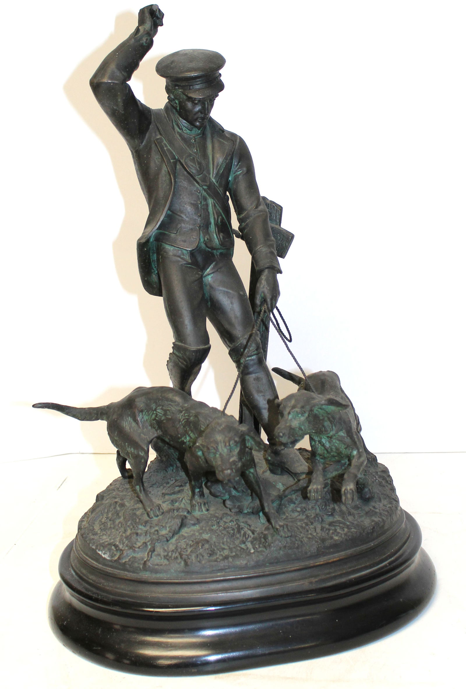 ca 1890 patinated metal hunter & dogs sculpture - 21" tall x 15" wide x 9" deep (1 of 6)