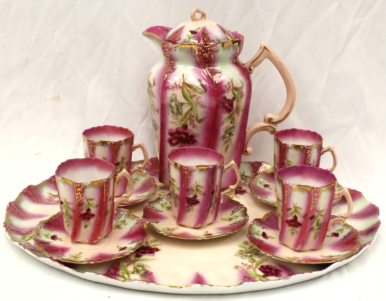 Early 20thC porcelain chocolate set on tray (1 of 4)