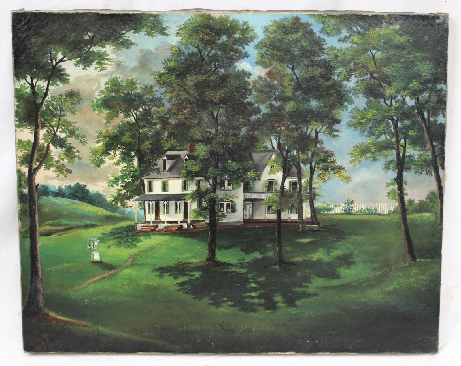 Unframed o/c of a white house in green landscape - initialed on lower right - 17"x21" (1 of 6)