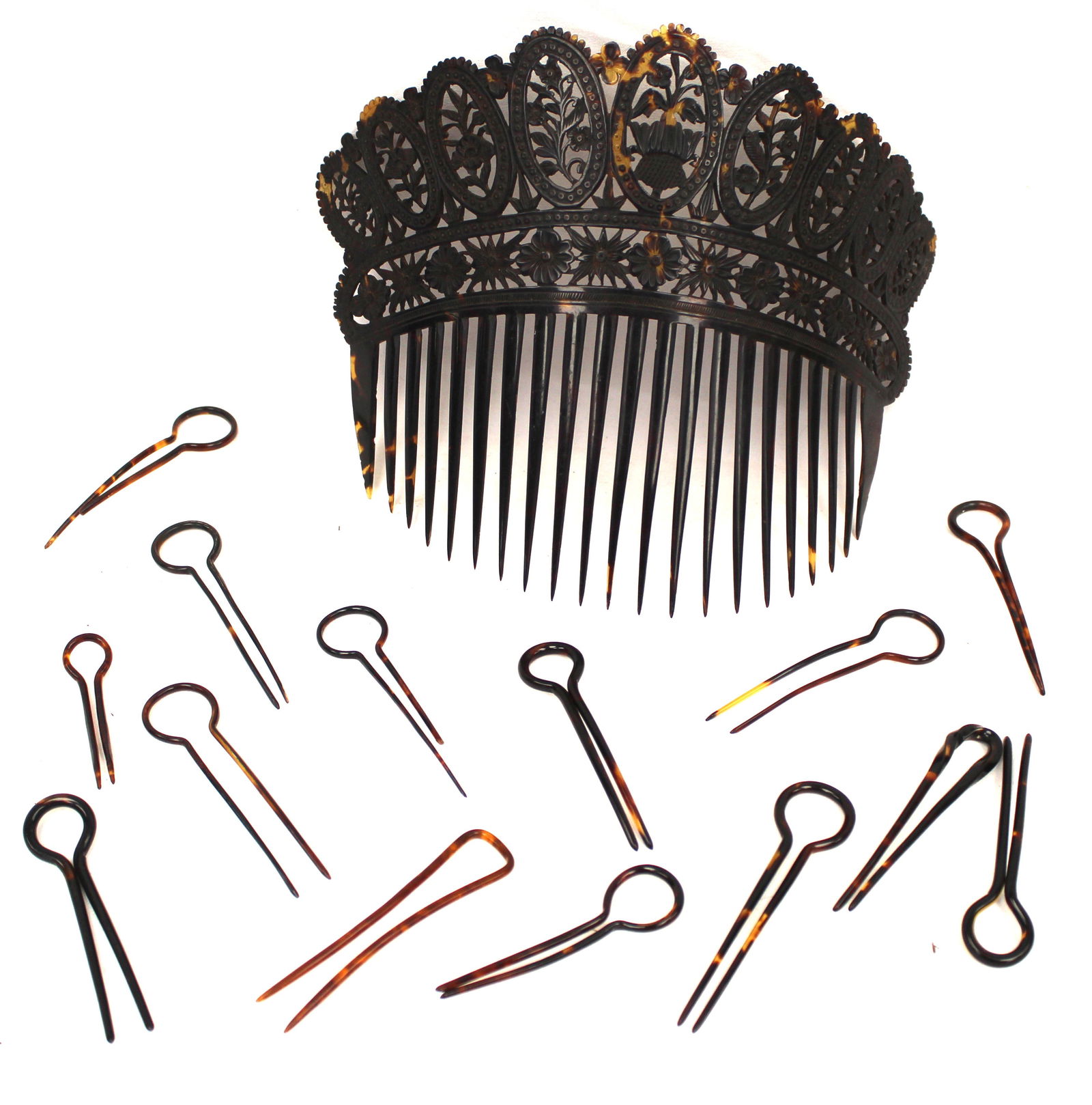 Wonderful tortoiseshell large comb w pins - 6 1/2"x8" (1 of 6)