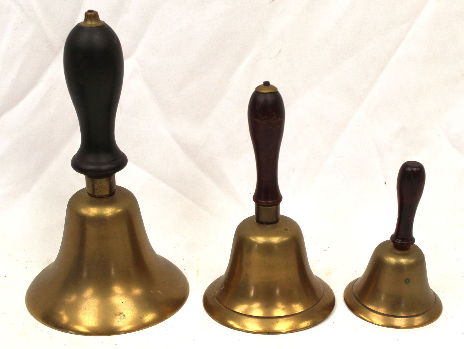 Lot of 3 brass & wooden handled bells - 4 1/4", 6" & 8" tall (1 of 4)