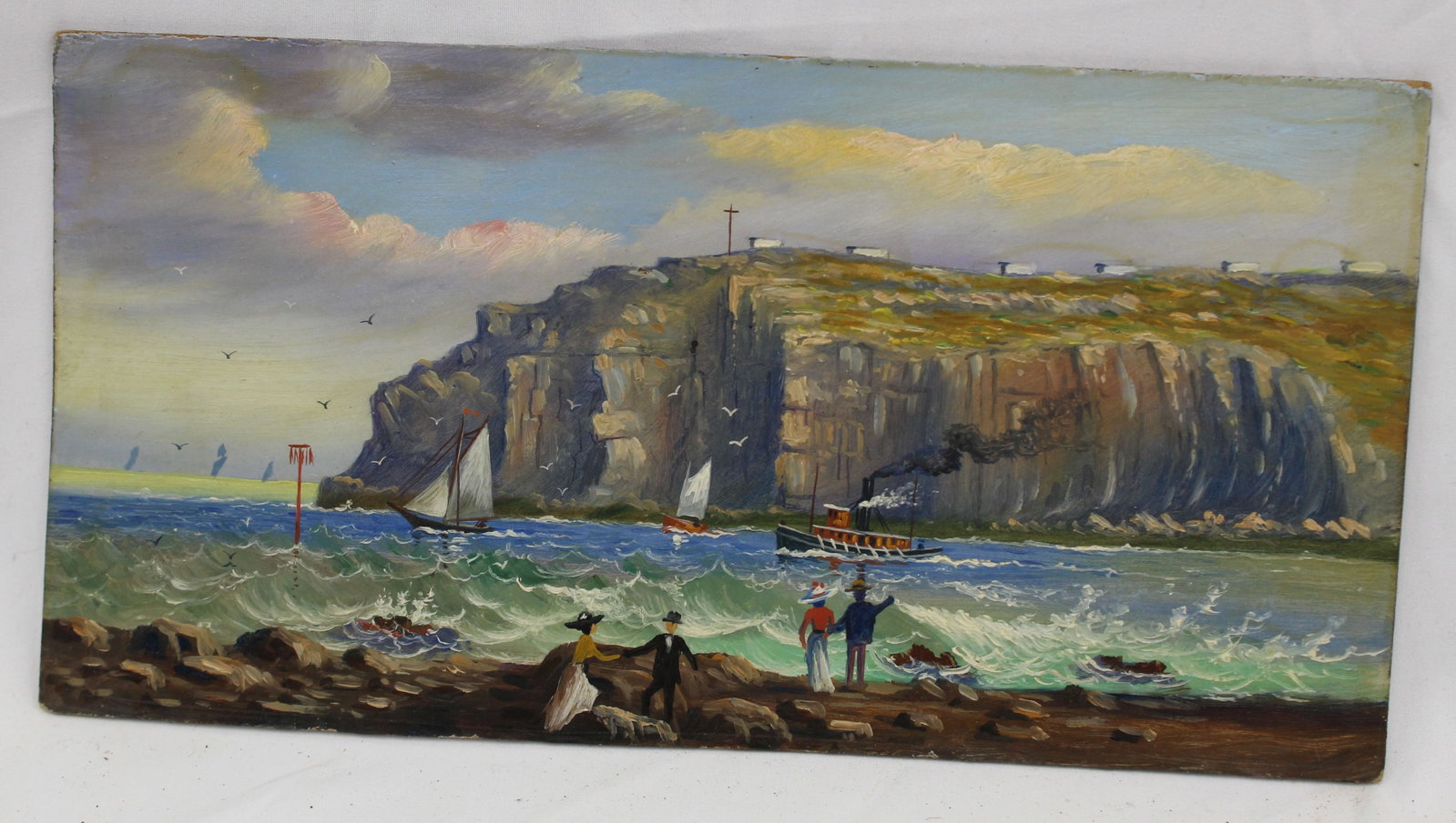 Unframed o/bd seascape w figures on shore & boats on a stormy sea - 6 1/4"x12": Unframed o/bd seascape w figures on shore & boats on a stormy sea - 6 1/4"x12"