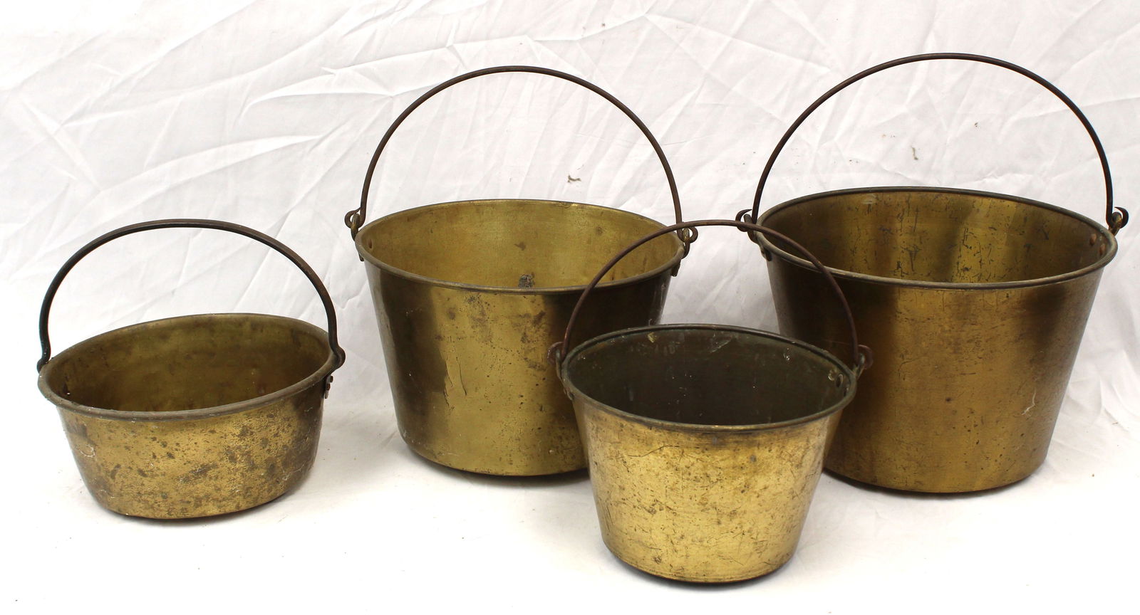 Lot of 4 brass bail handled buckets in various sizes - 11", 12", 14 1/2" & 16" diam (1 of 8)