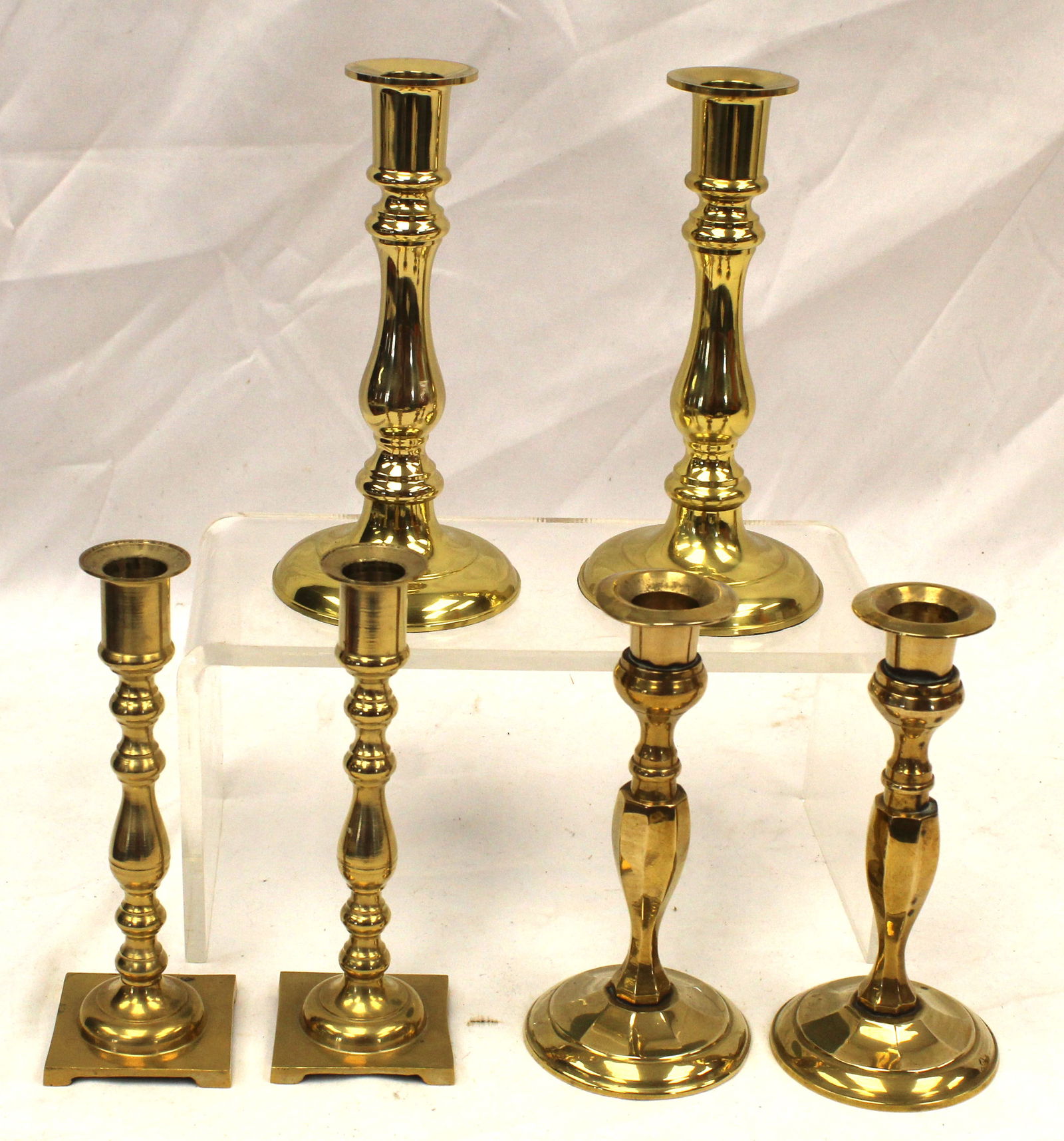 Lot of 3 pairs of brass candlesticks - 6 1/2", 7" & 7 1/2" tall (1 of 4)