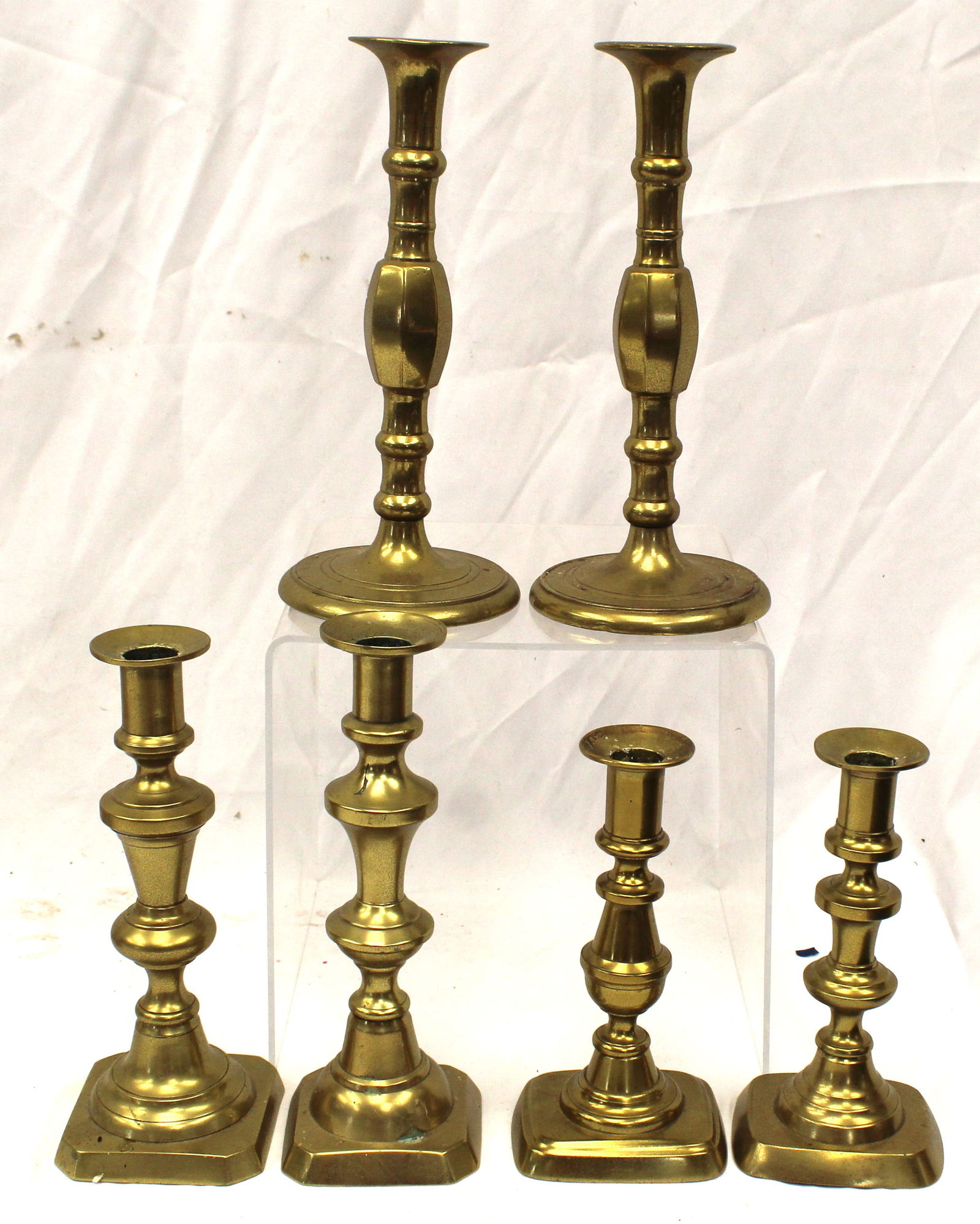 Lot of 3 pairs of brass candlesticks - 7", 8 3/4" & 9 1/2" tall (1 of 4)