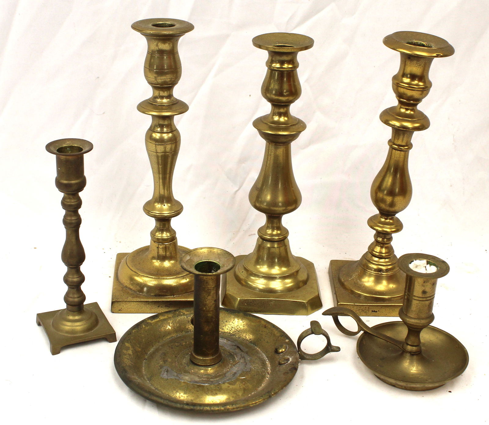 Lot of 6 brass candlesticks in various forms & sizes - 4 1/2" - 10" (1 of 4)