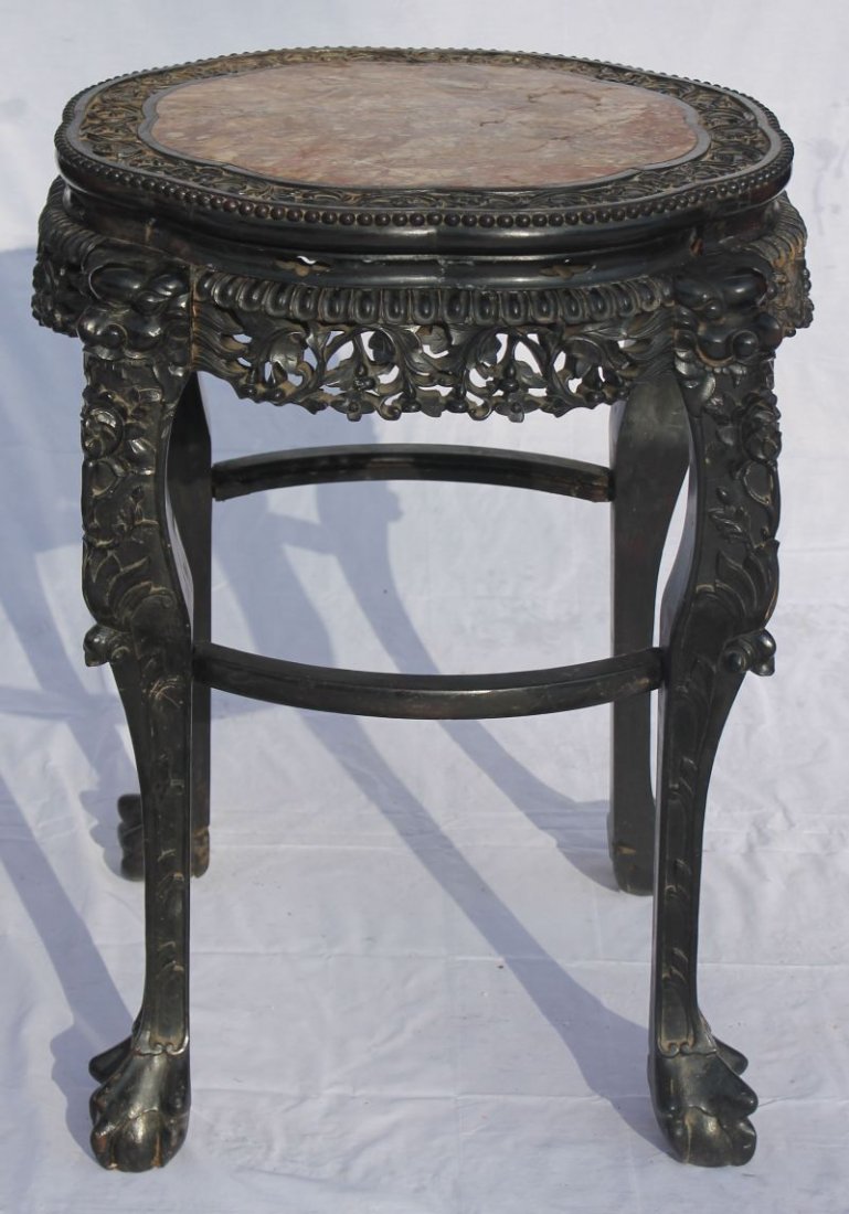 Very fine large Chinese heavily carved rosewood tabo: Very fine large Chinese heavily carved rosewood taboret table with marble inset top - 32" tall x 28" diam