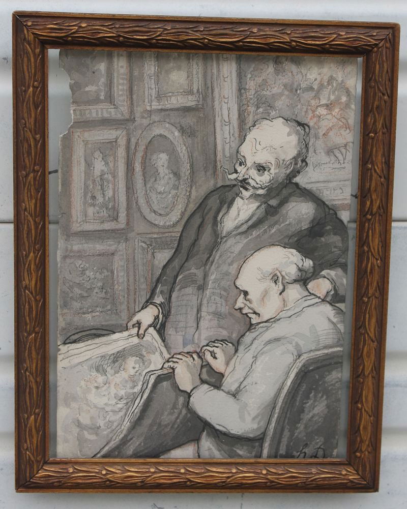 Honore Daumier (1808-1879) w/c, pen & ink, red & b: Honore Daumier (1808-1879) w/c, pen & ink, red & black charcoal & gray wash on paper 8 x 5 1/4" titled "The Print Collectors"