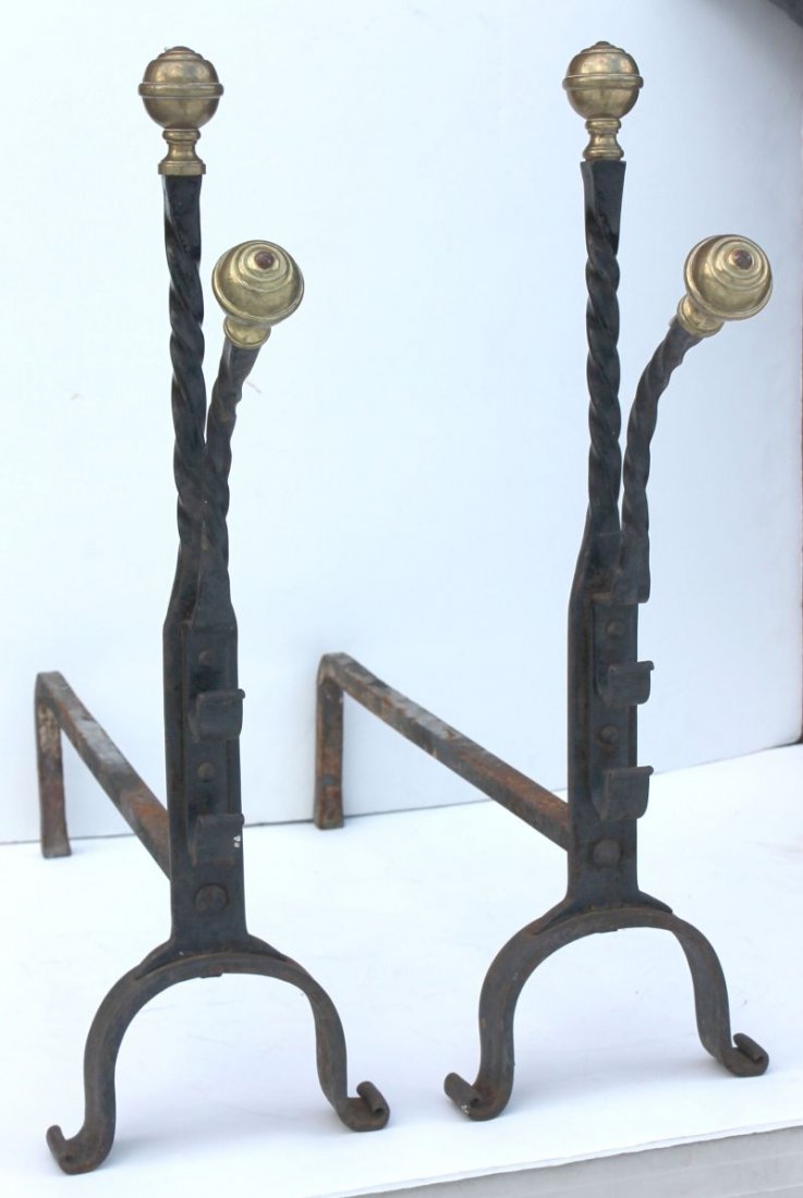 very unusual form ca 1870 forged iron twisted shaf: very unusual form ca 1870 forged iron twisted shaft pr of andirons w brass ball ends - 25 1/2" tall