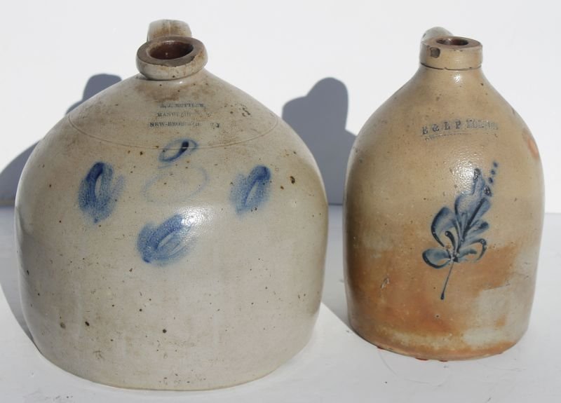 lot of 2 good 19thC cobalt dec stoneware jugs incl: lot of 2 good 19thC cobalt dec stoneware jugs incl unusual shaped AJ Butler New Brunswick, NJ example & an E & LP Norton Bennington, VT