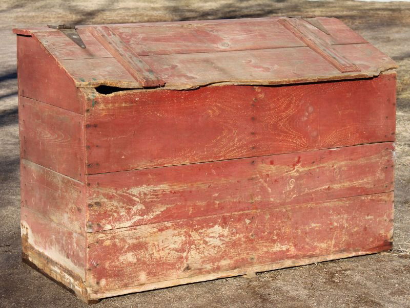 321A large antique wooden grain bin w divided compartm