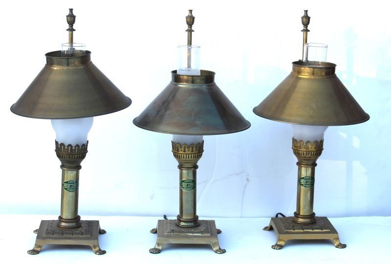 set of 3 Orient Express brass table lamps w brass: set of 3 Orient Express brass table lamps w brass shades. These lamps are reproductions of ones that would have been on The Orient Express train