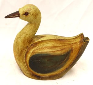Folk Art carved wooden painted yellow/cream, green & brown swan - 4 1/2" tall x 5 1/2" long