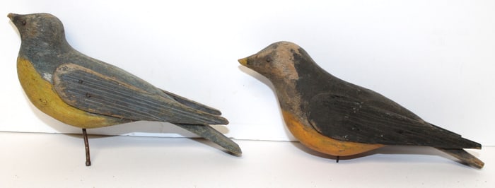 Pair of carved wooden painted birds - 7" long