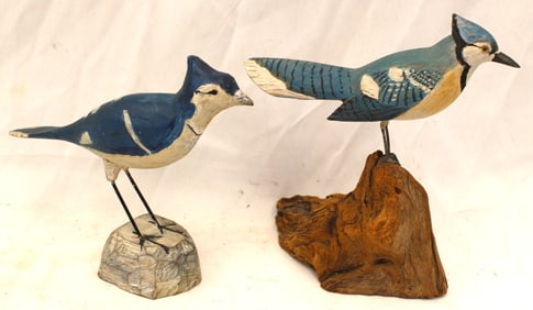 Pair of carved wooden painted Bluejays on wooden stands - 7" tall & 6" tall