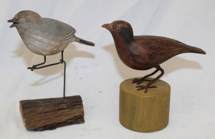 Lot of 2 carved wooden & painted birds on stands - 4" & 5" tall
